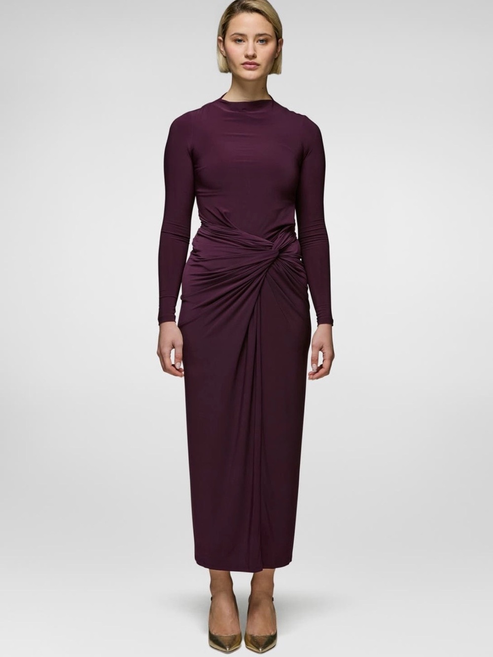 Athena Long-Sleeve Twist-Waist Maxi Dress in Plum Daska NWT